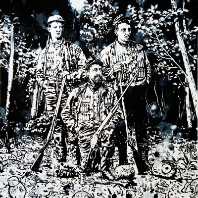 Untitled (hunters, 2012), mixed media on canvas, approximately 48” square