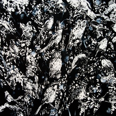 Untitled (birds, 2012), mixed media on canvas, approximately 48” square